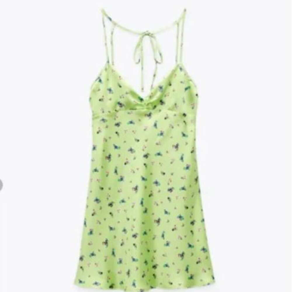 NWT | Zara | Short Satin Effect Mini Dress  | Lime Green | xs